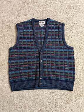 Vintage J.T. Beckett Men's XL Made in Italy Multi-Color Textured Knit V-Neck Car